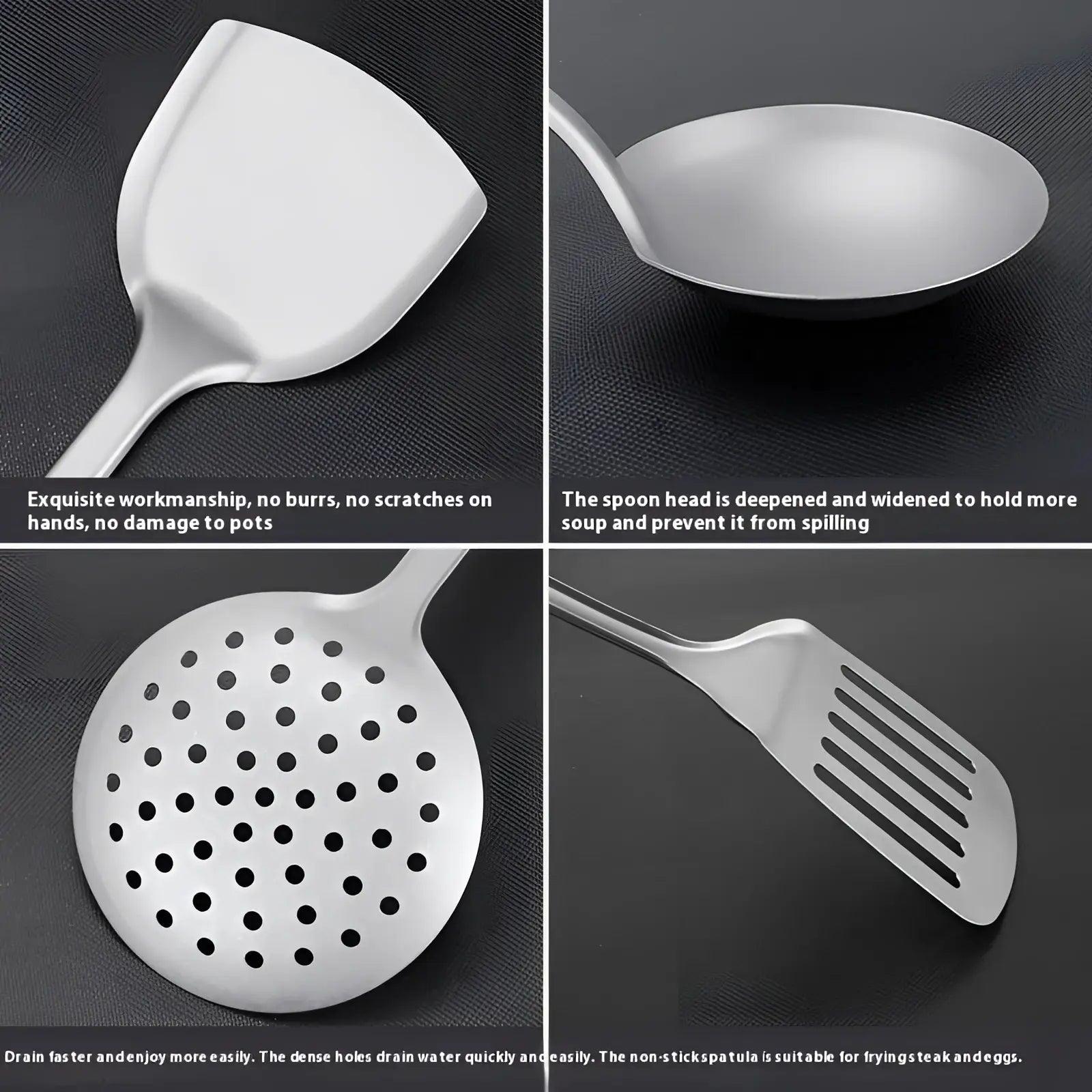 Set of four stainless steel titanium kitchen utensils including a slotted spoon ladle strainer and wok spatula