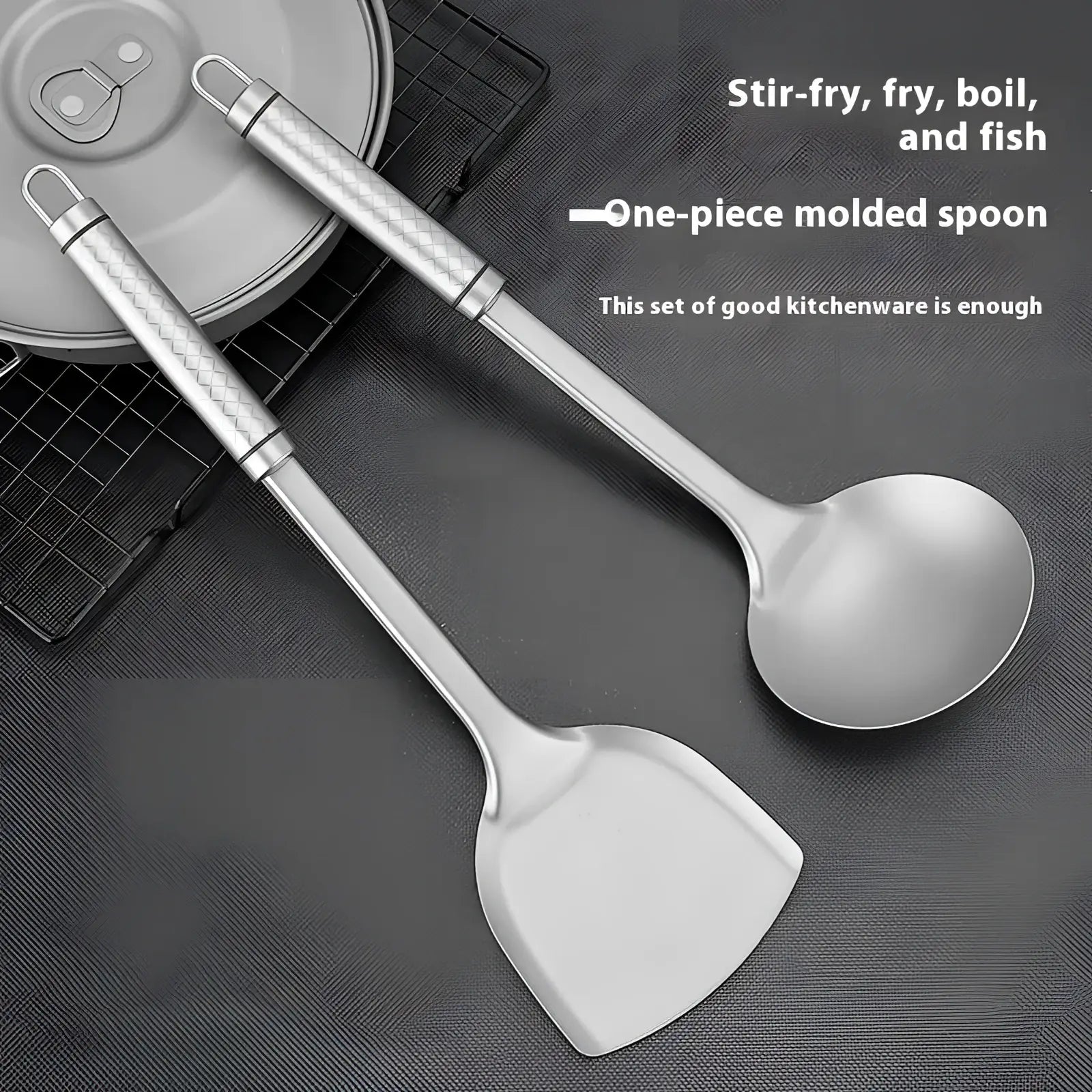 Silver one-piece molded spoon set with sleek textured handle and polished stainless steel head for kitchen use