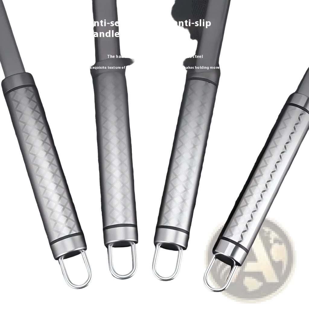 Silver-toned stainless steel titanium wok spatula handles with textured diamond-patterned grips and looped ends