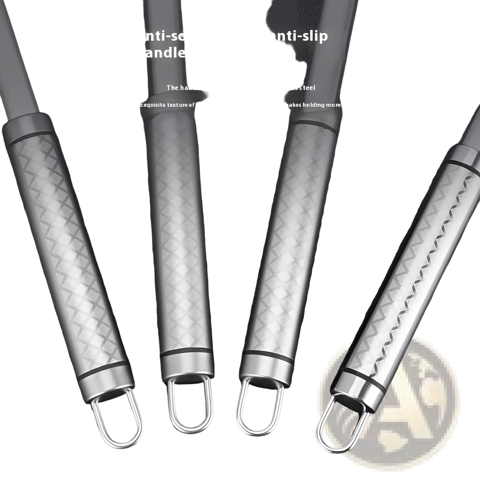 Silver-toned stainless steel titanium wok spatula handles with textured diamond-patterned grips and looped ends