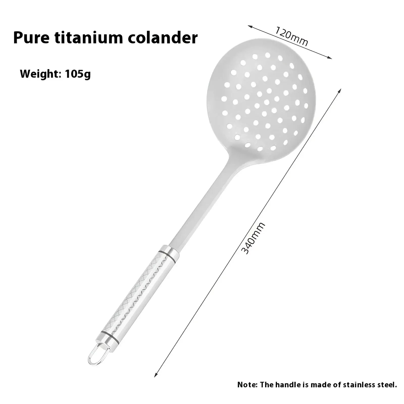Silver pure titanium colander with perforated round head and textured stainless steel handle in wok spatula set