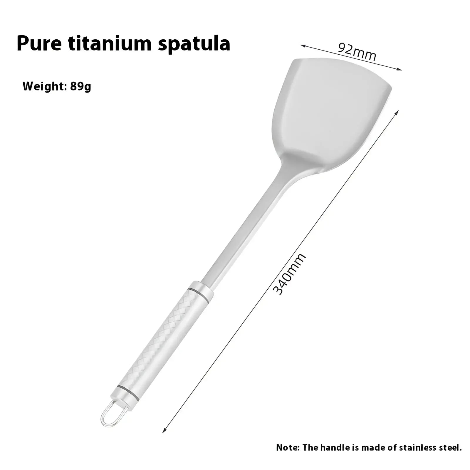 Pure titanium wok spatula with a sleek silver head and textured stainless steel handle for kitchen use