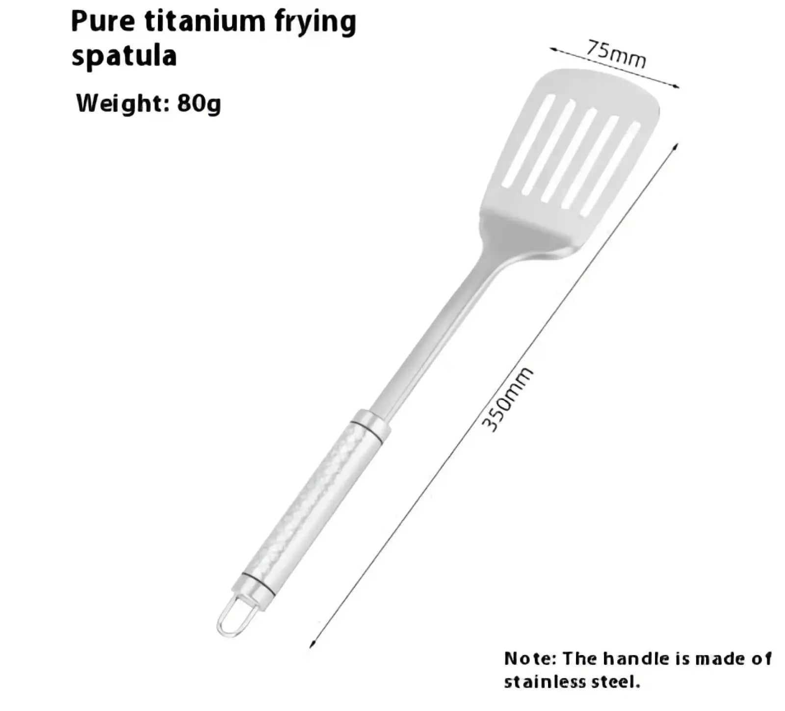Silver pure titanium wok spatula with stainless steel handle and five slotted blades measuring 350mm total length