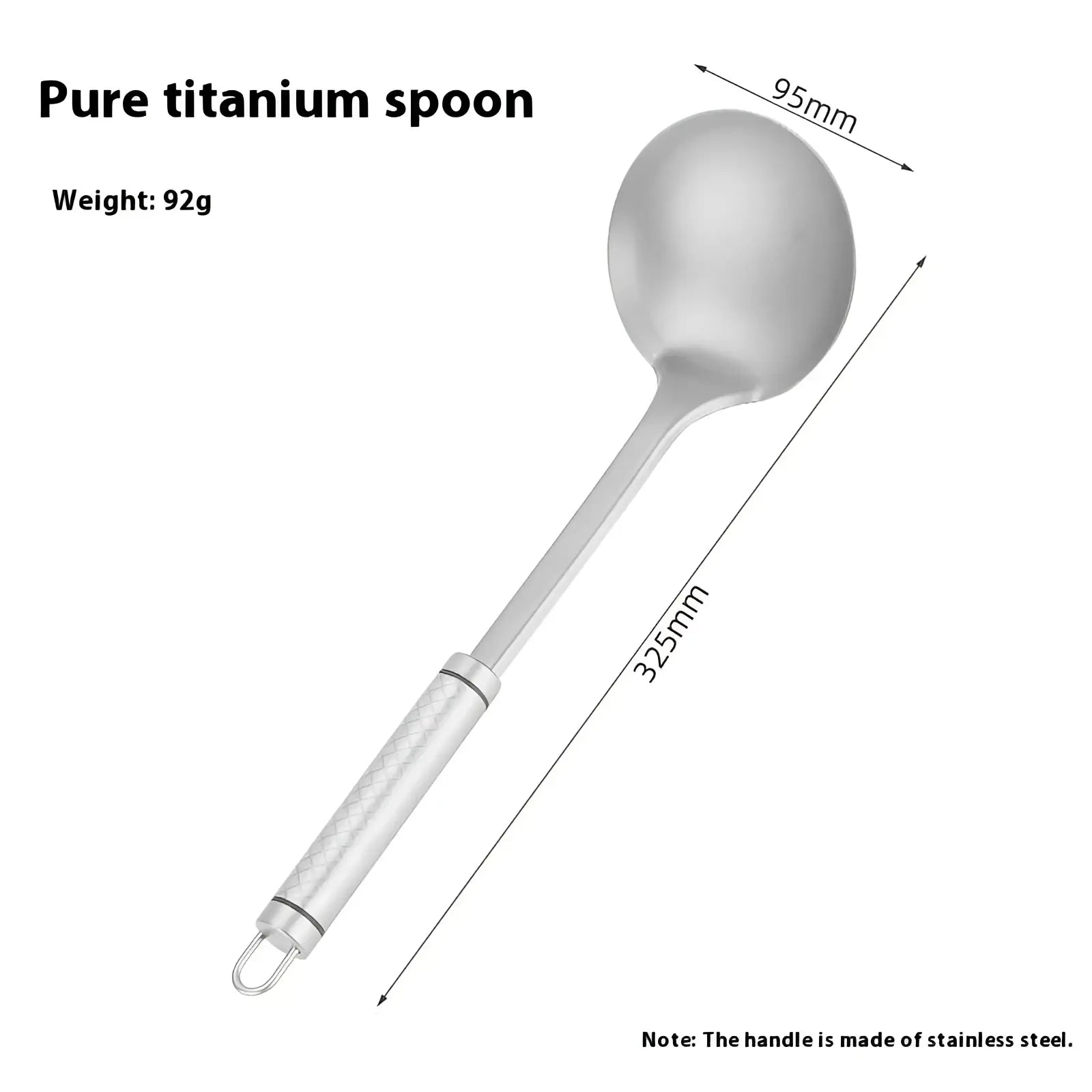 Titanium wok spatula with a 325mm pure titanium spoon and textured stainless steel handle in polished metallic finish