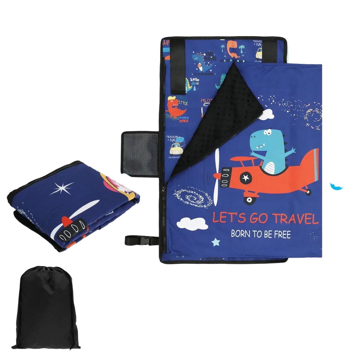 Blue dinosaur-themed portable storage bag with orange airplane design and black mesh side panel for toddler airplane seat extender travel bed