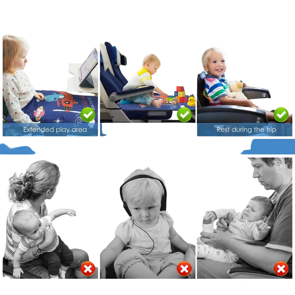 Blue toddler airplane seat extender travel bed with space-themed foot hammock for kids travel comfort