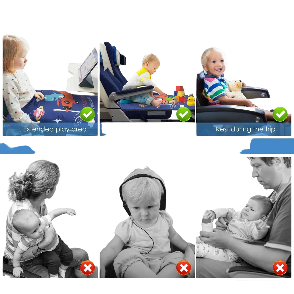 Blue toddler airplane seat extender travel bed with space-themed foot hammock for kids travel comfort