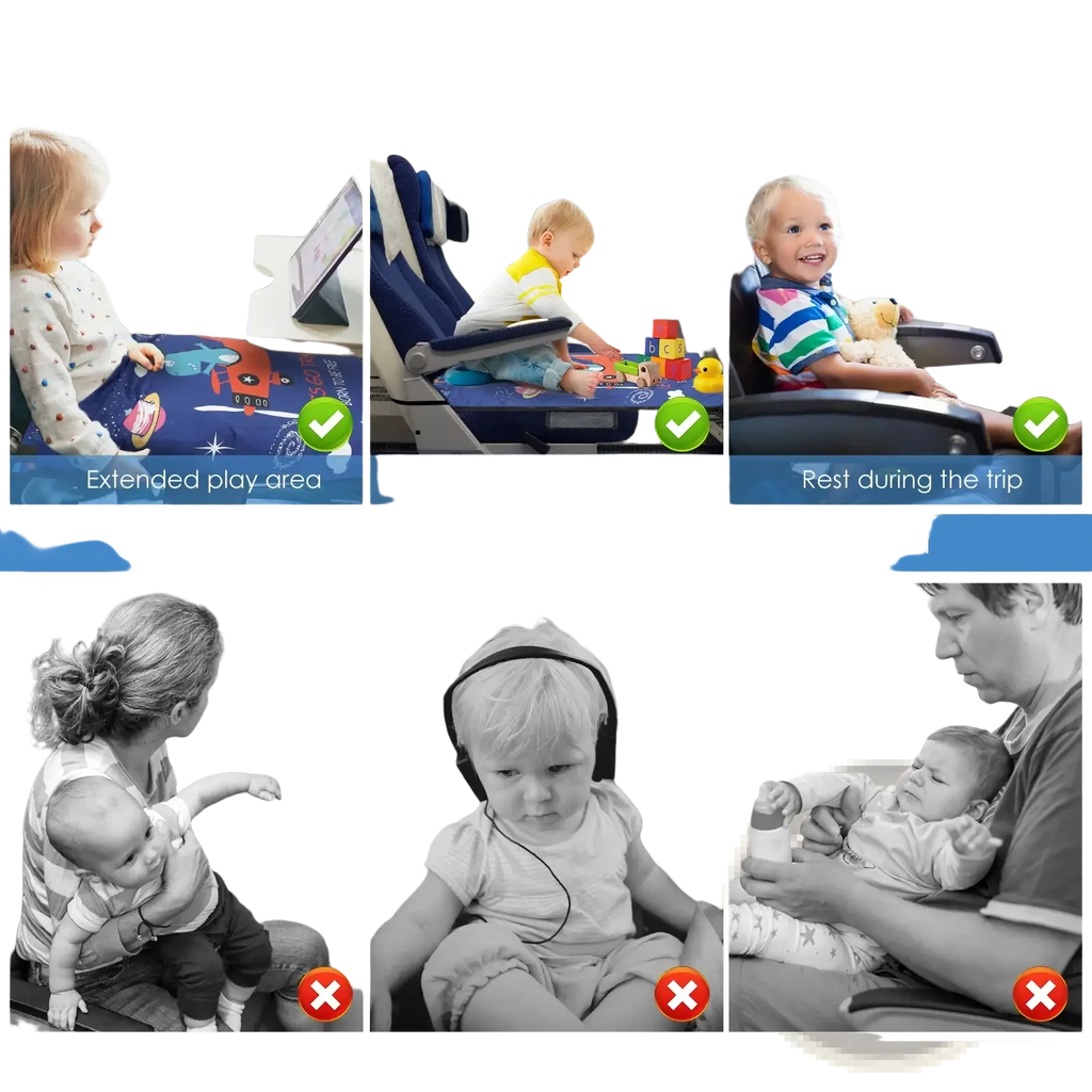 Blue toddler airplane seat extender travel bed with space-themed foot hammock for kids travel comfort