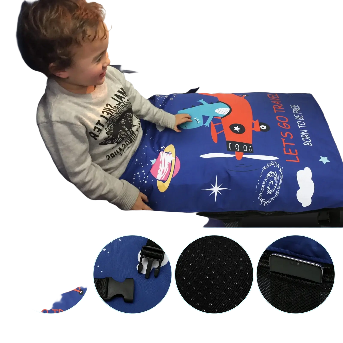 Blue airplane-themed toddler travel bed with dinosaur space design adjustable latch and non-slip glue point