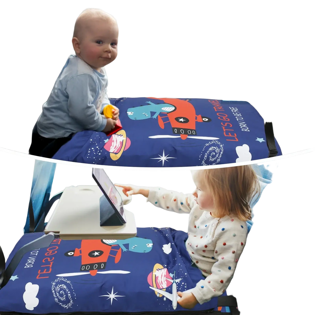 Blue toddler airplane seat extender travel bed mat with cartoon characters and stars designed for comfortable travel