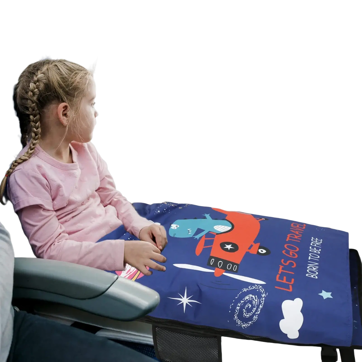 Blue airplane-themed toddler airplane seat extender travel bed with cartoon planes stars and travel-inspired text
