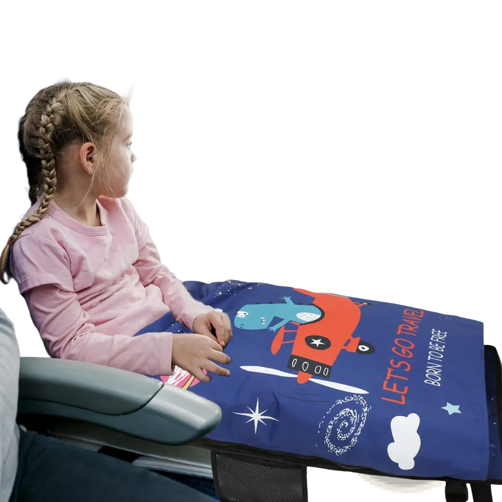 Blue airplane-themed toddler airplane seat extender travel bed with cartoon planes stars and travel-inspired text