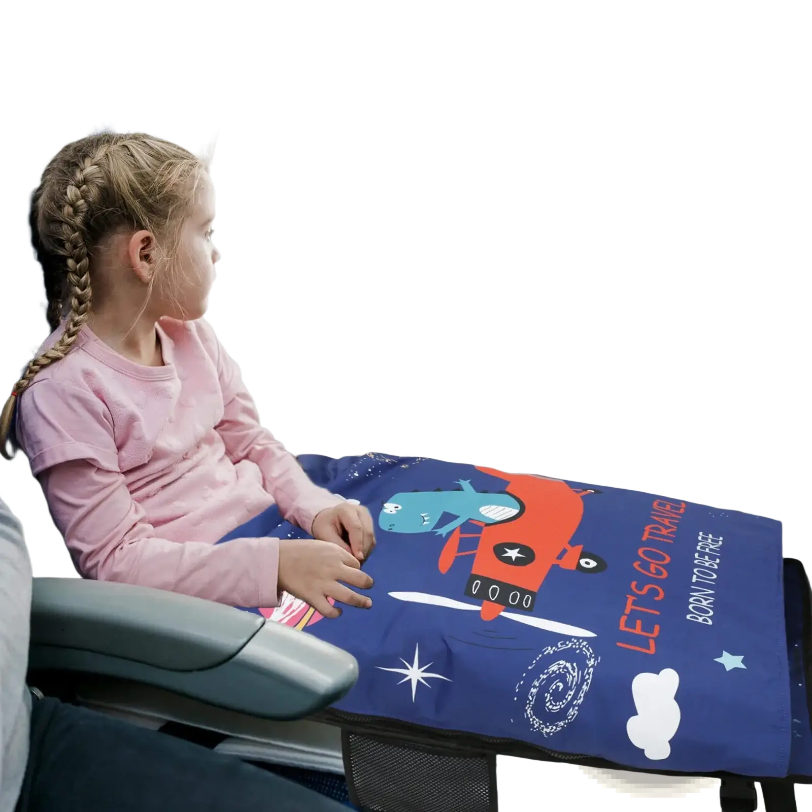 Blue airplane-themed toddler airplane seat extender travel bed with cartoon planes stars and travel-inspired text