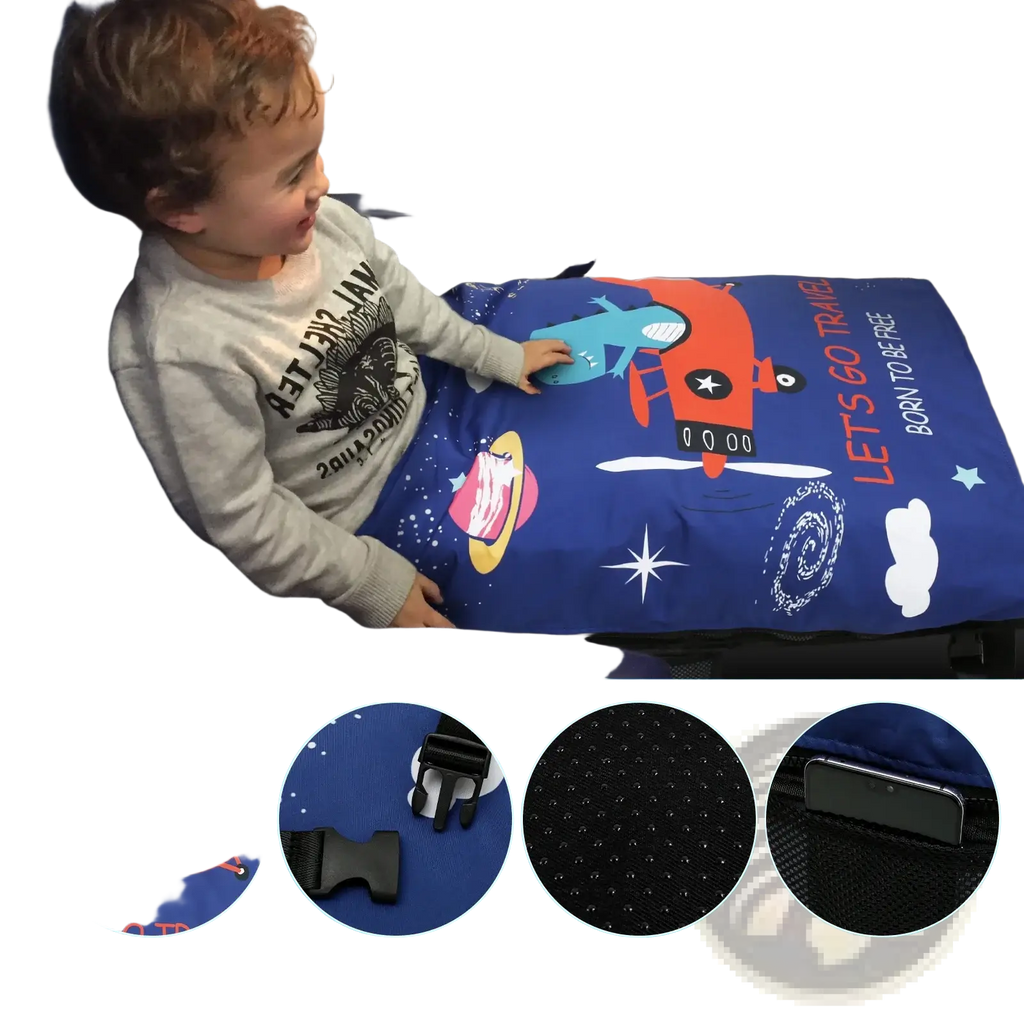 Blue airplane-themed toddler travel bed with dinosaur space design adjustable latch and non-slip glue point