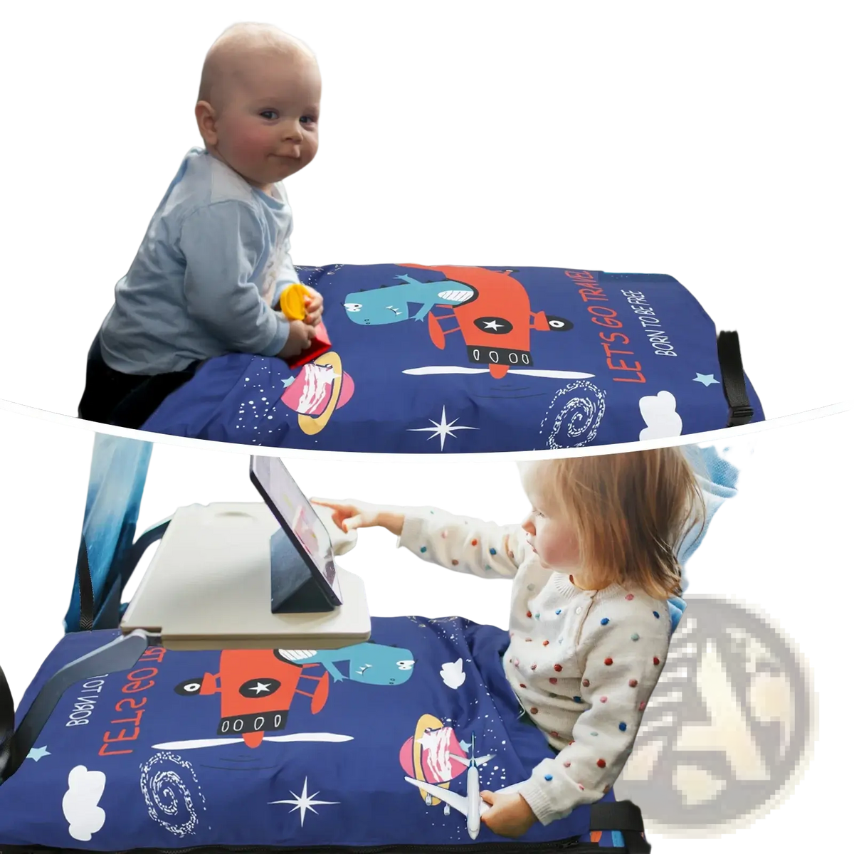 Blue toddler airplane seat extender travel bed mat with cartoon characters and stars designed for comfortable travel