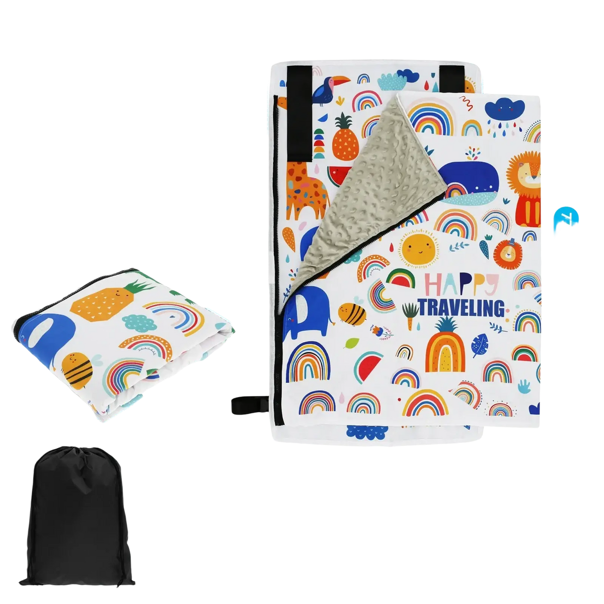 Toddler airplane seat extender travel bed with colorful cartoon pattern, soft gray minky lining, and black zipper trim