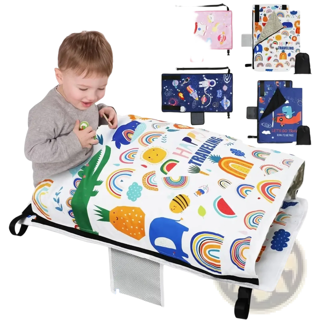 White toddler airplane seat extender travel bed with colorful rainbows animals and tropical fruits pattern