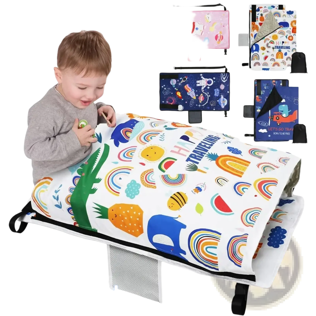 White toddler airplane seat extender travel bed with colorful rainbows animals and tropical fruits pattern