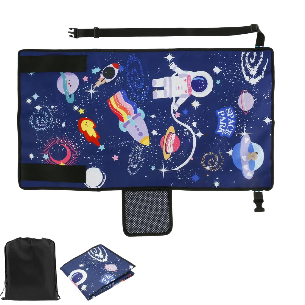 A navy blue toddler airplane seat extender travel bed storage bag with a vibrant space-themed design of astronauts rockets planets and stars