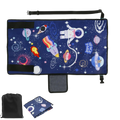 A navy blue toddler airplane seat extender travel bed storage bag with a vibrant space-themed design of astronauts rockets planets and stars