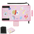 Pink astronaut-themed toddler airplane seat extender travel bed with black straps and mesh pocket portable storage bag