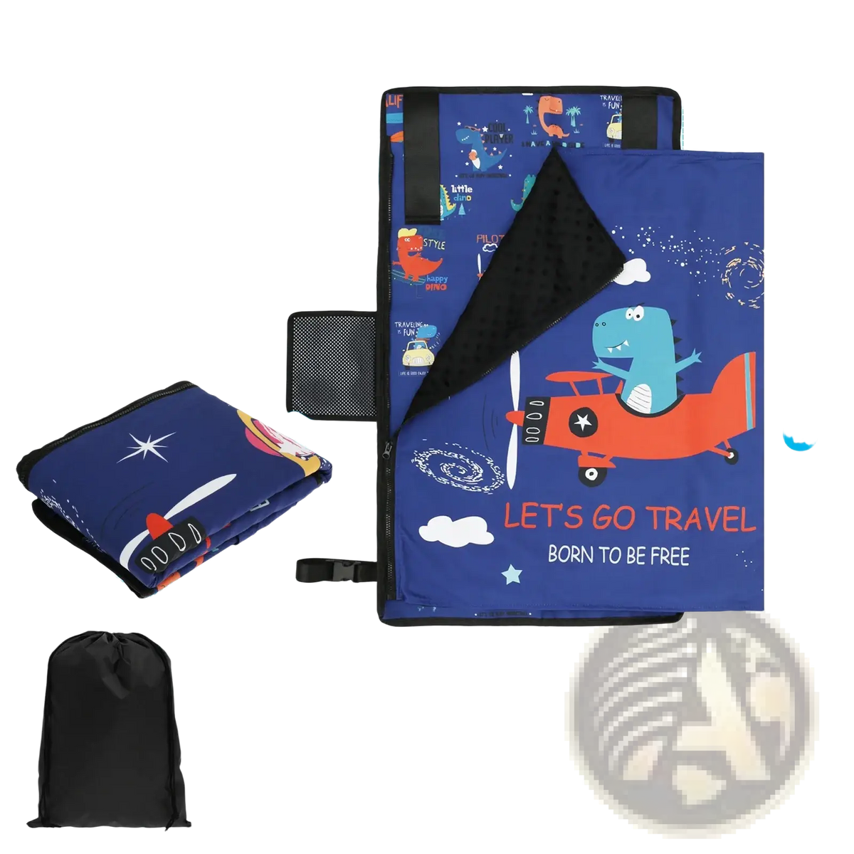 Blue dinosaur-themed portable storage bag with orange airplane design and black mesh side panel for toddler airplane seat extender travel bed