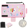 Pink astronaut-themed toddler airplane seat extender travel bed with black straps and mesh pocket portable storage bag