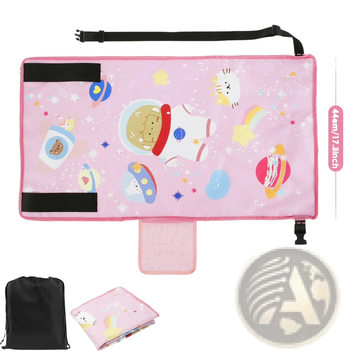 Pink astronaut-themed toddler airplane seat extender travel bed with black straps and mesh pocket portable storage bag