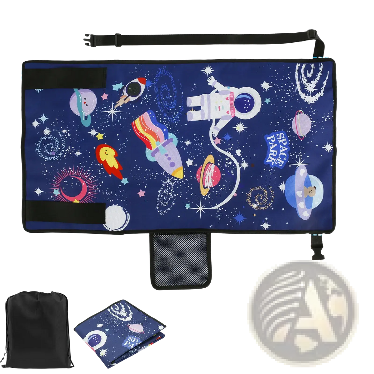 A navy blue toddler airplane seat extender travel bed storage bag with a vibrant space-themed design of astronauts rockets planets and stars