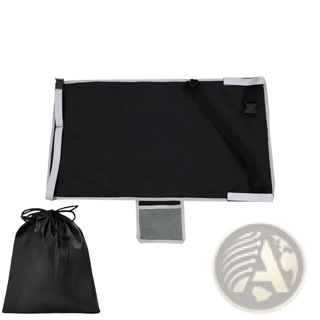 Black fabric toddler airplane seat extender travel footrest with gray trim and adjustable straps for car seats