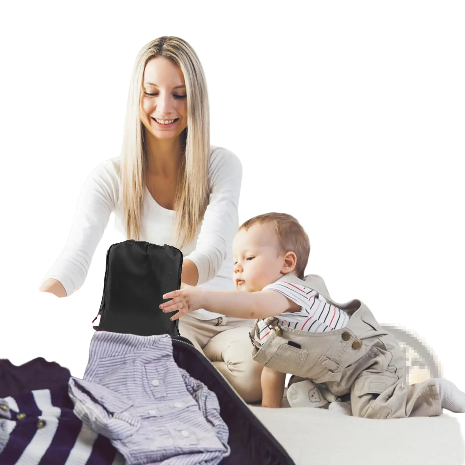 Black foldable travel organizer bag made of durable fabric for toddler airplane seat extender travel footrest use