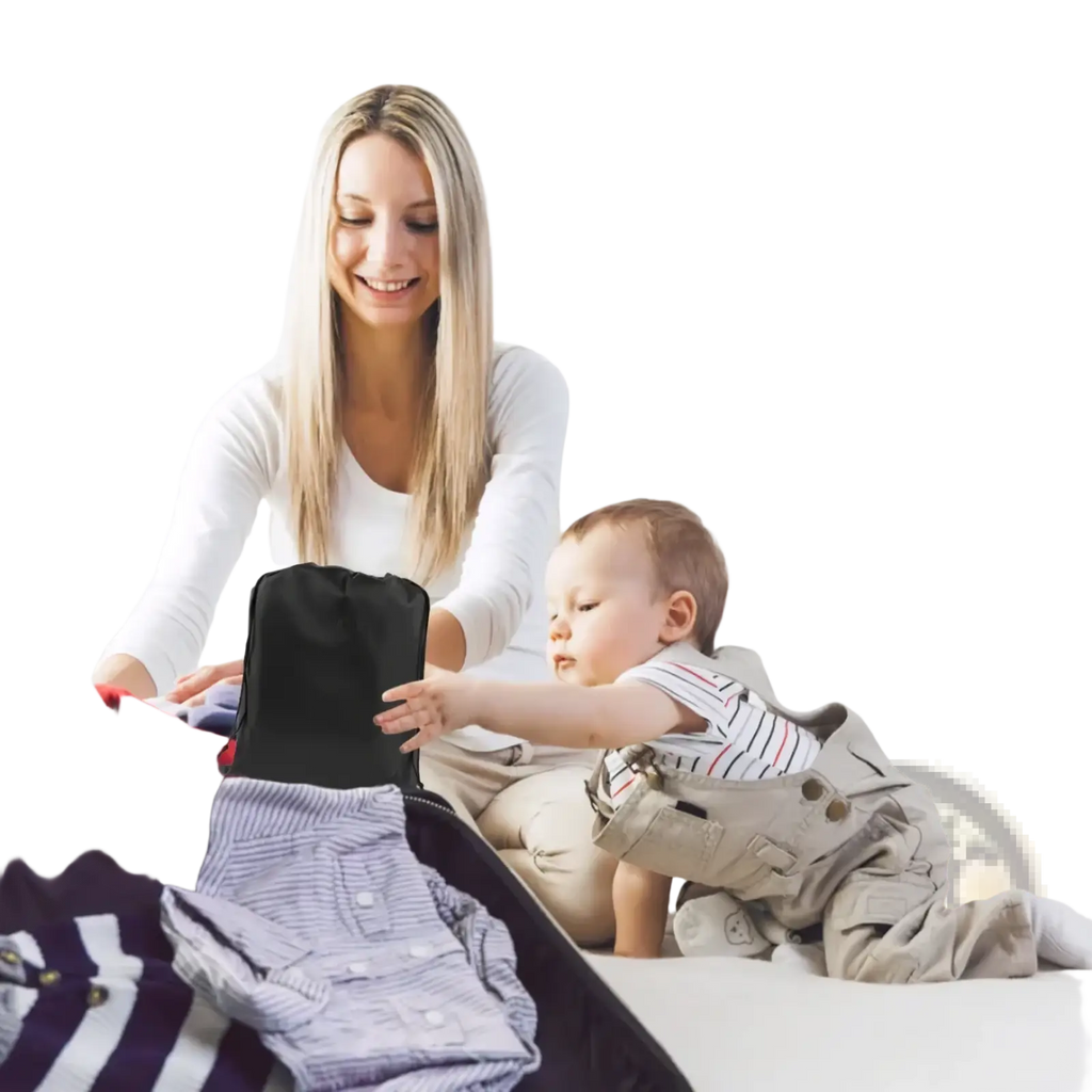 Black foldable travel organizer bag made of durable fabric shown from the back for toddler airplane seat extender use