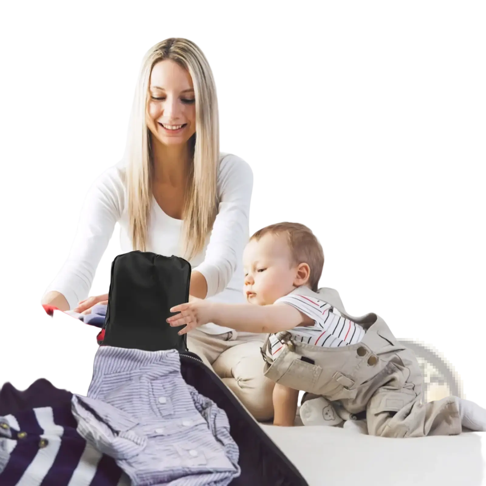 Black foldable travel organizer bag made of durable fabric shown from the back for toddler airplane seat extender use
