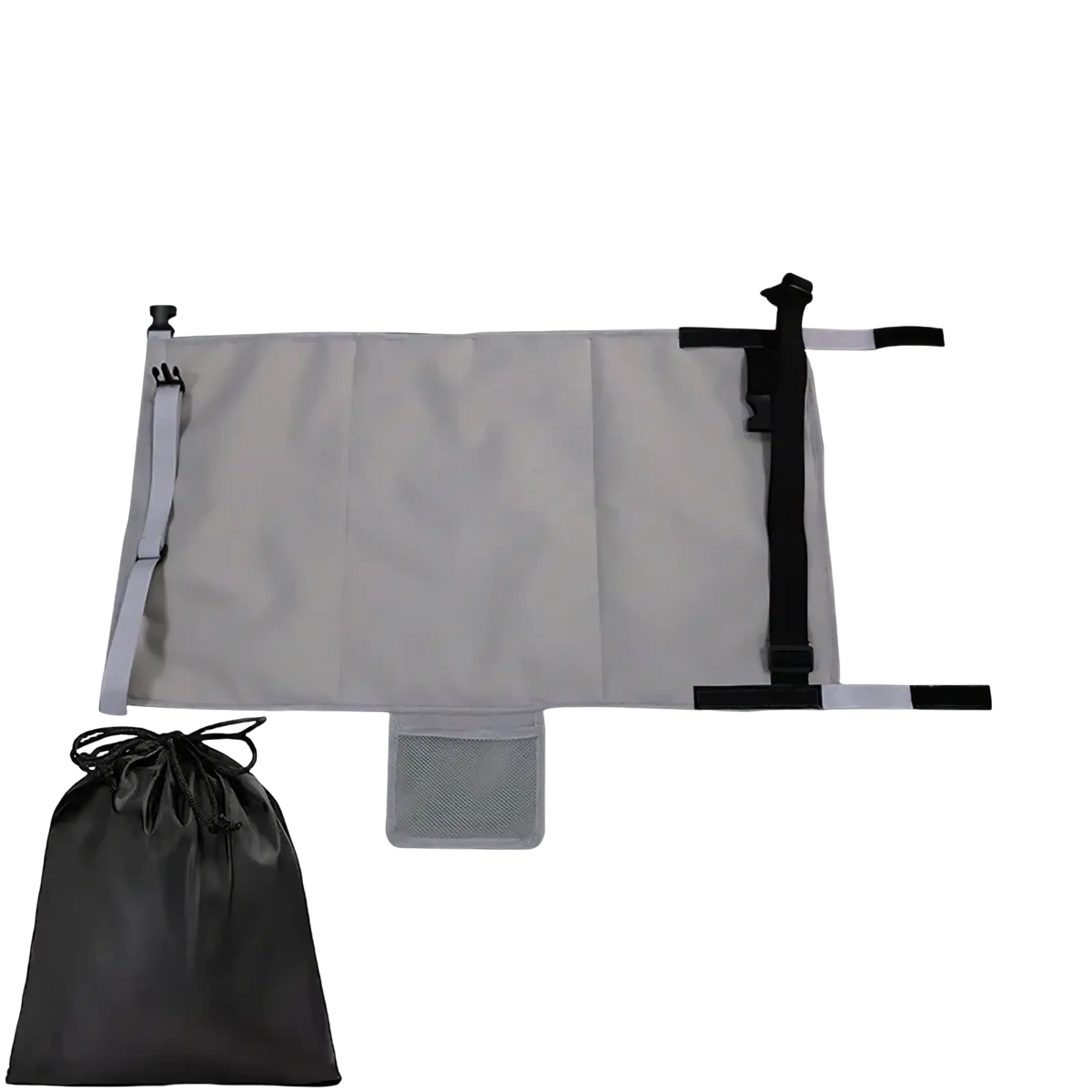 Gray fabric toddler airplane seat extender travel footrest with black adjustable straps and mesh pocket, back side view