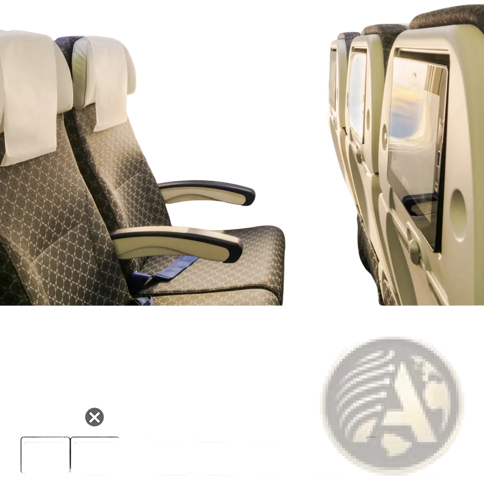 Beige patterned toddler airplane seat extender travel footrest hammock with black armrests and white headrest covers
