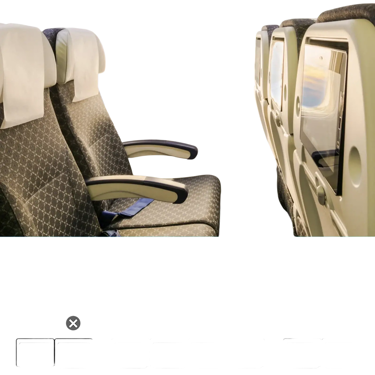 Beige patterned toddler airplane seat extender travel footrest hammock with black armrests and white headrest covers
