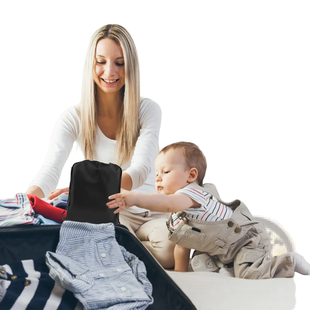 Black foldable travel organizer bag made of durable fabric for toddler airplane seat extender travel footrest hammock