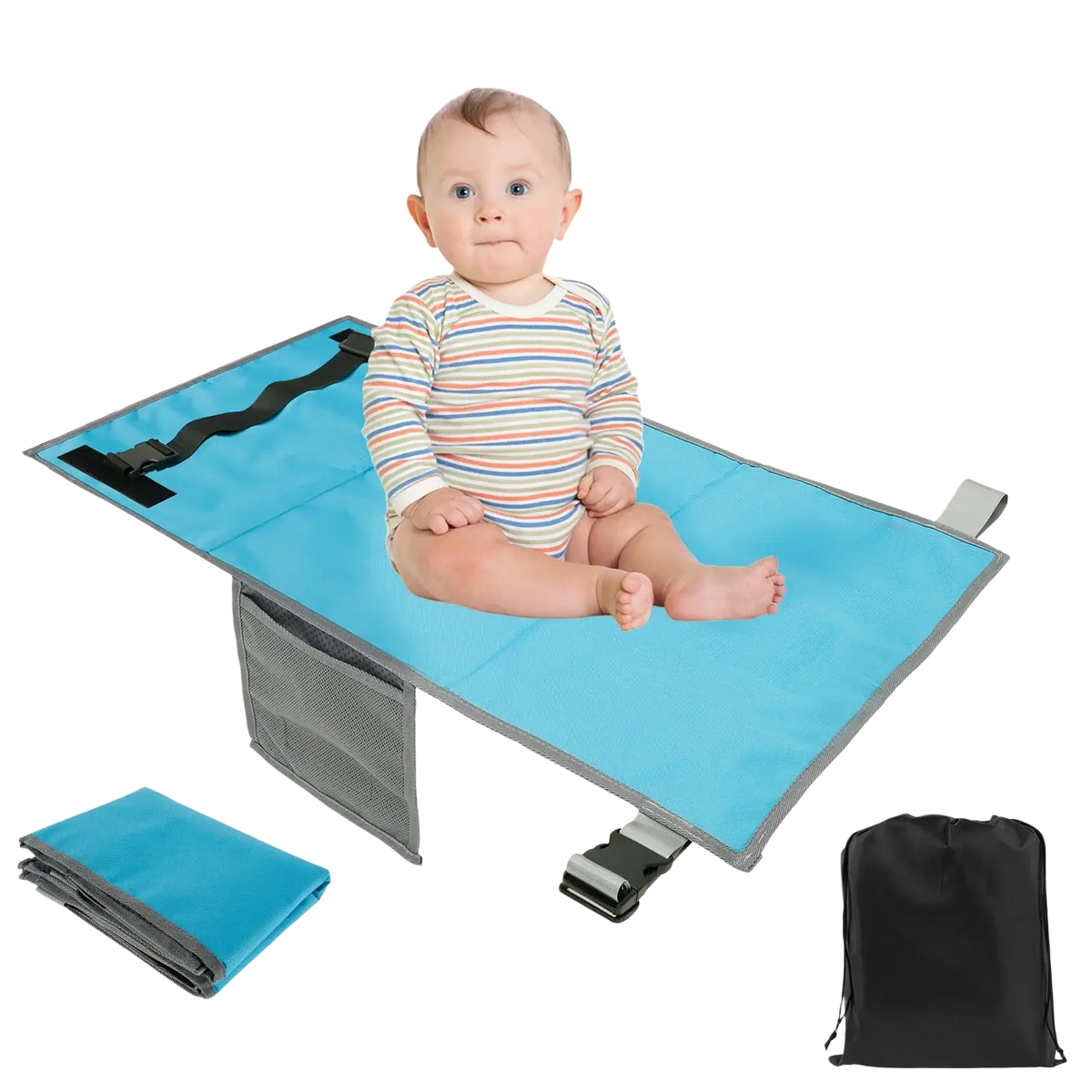 Blue toddler airplane seat extender travel footrest hammock with gray trim and mesh side pockets