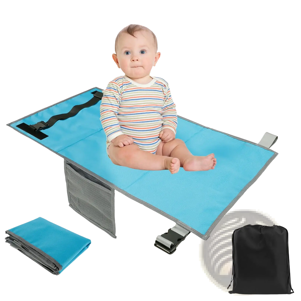 Blue toddler airplane seat extender travel footrest hammock with gray trim and mesh side pockets