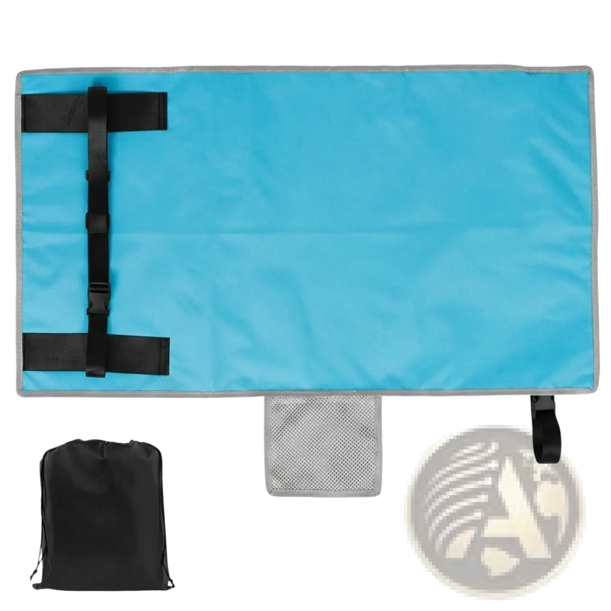Light blue rectangular toddler airplane seat extender travel footrest hammock with black straps and gray mesh pocket