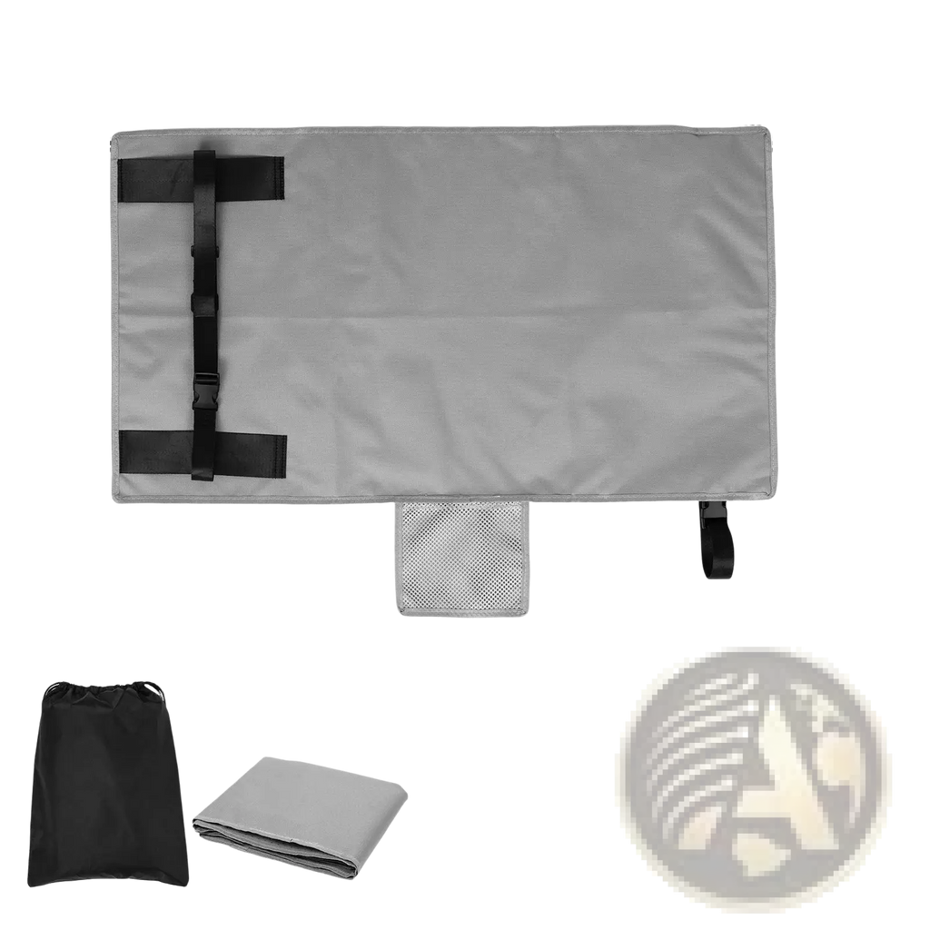 Gray rectangular toddler airplane seat extender travel footrest hammock with black straps and mesh pocket folded in case