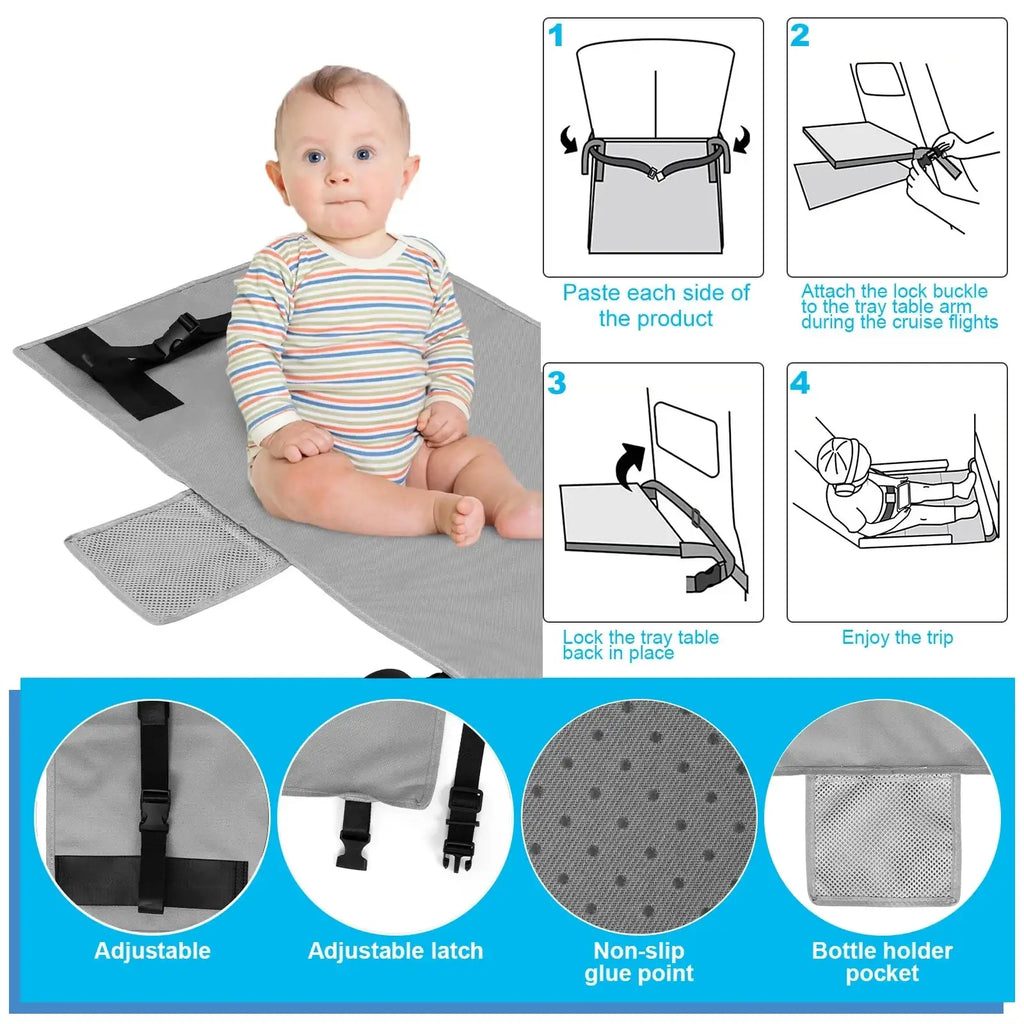 Gray non-slip travel changing pad with adjustable black straps and mesh bottle holder pocket for toddler airplane seat extender hammock