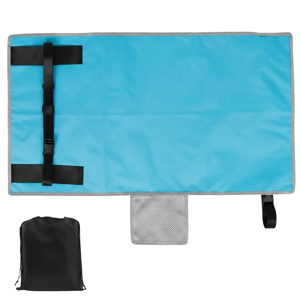 Light blue rectangular toddler airplane seat extender travel footrest hammock with black straps and gray mesh pocket
