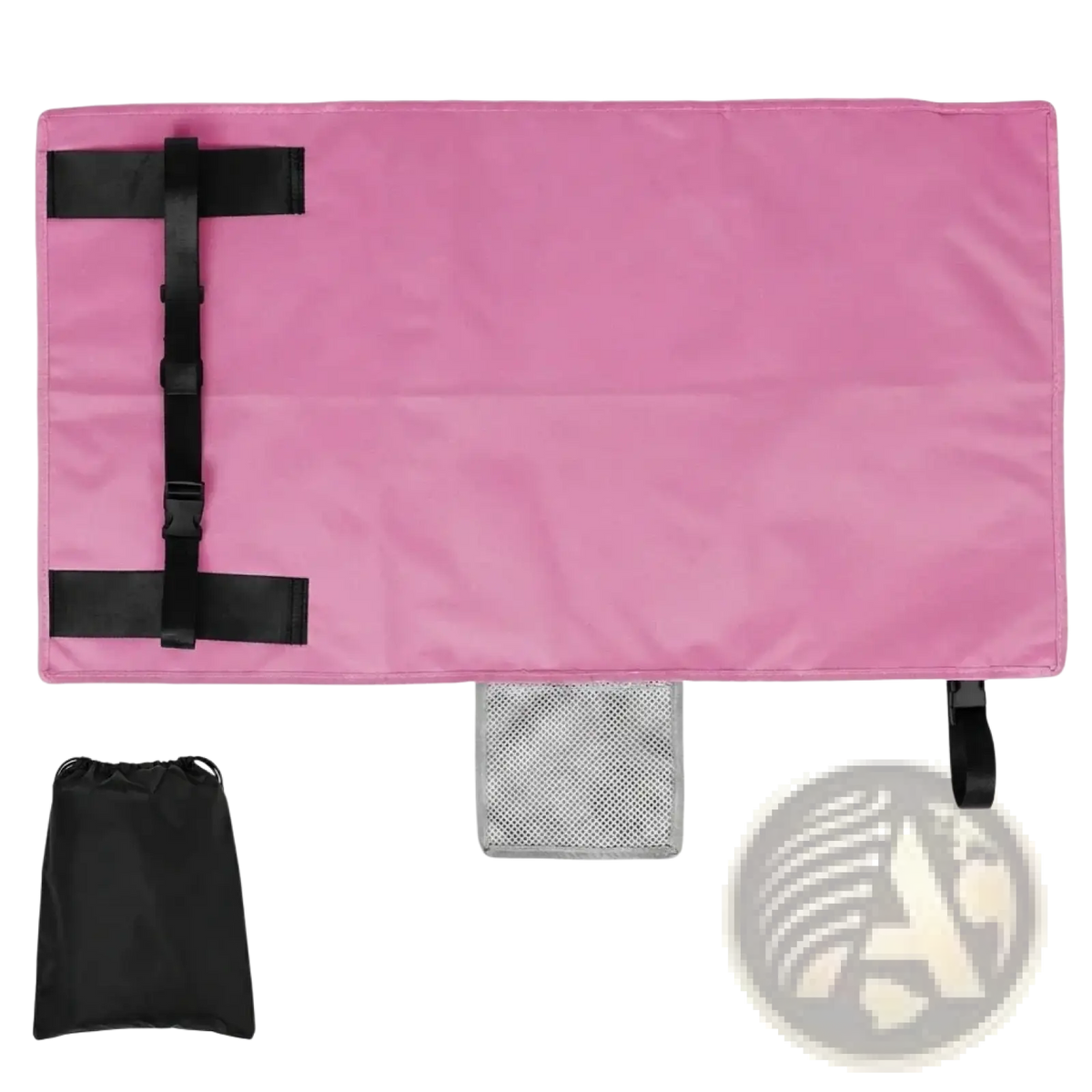 Pink fabric toddler airplane seat extender travel footrest hammock with black adjustable straps and mesh pocket back view