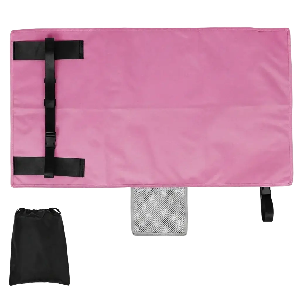 Pink fabric toddler airplane seat extender travel footrest hammock with black adjustable straps and mesh pocket back view