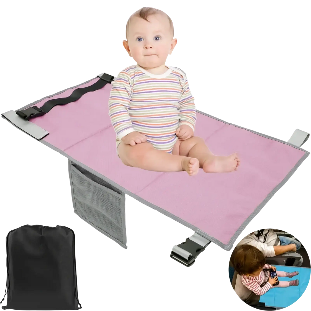 Pink baby car seat changing mat with gray trim and mesh side pocket featured with toddler airplane seat extender travel footrest