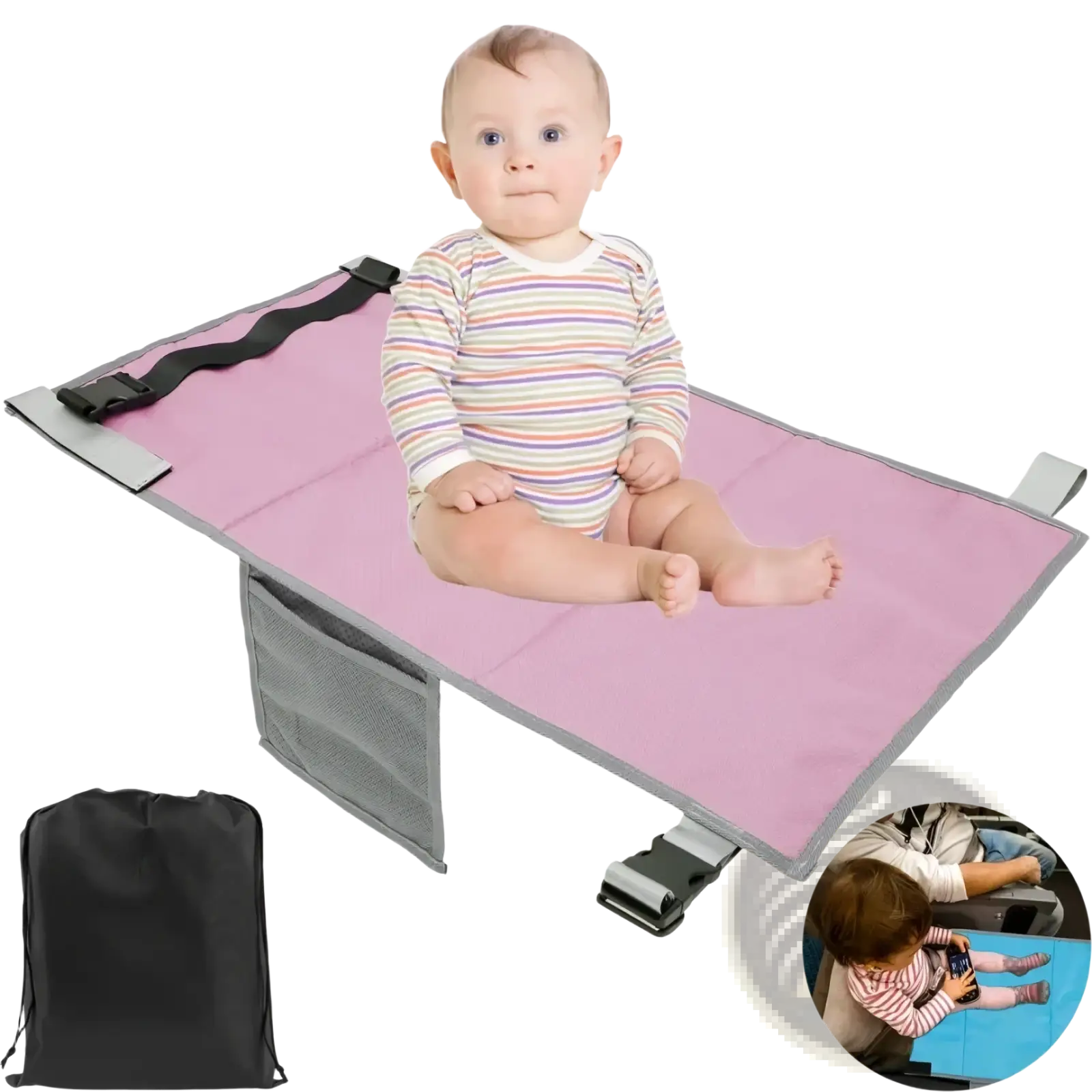 Pink baby car seat changing mat with gray trim and mesh side pocket featured with toddler airplane seat extender travel footrest