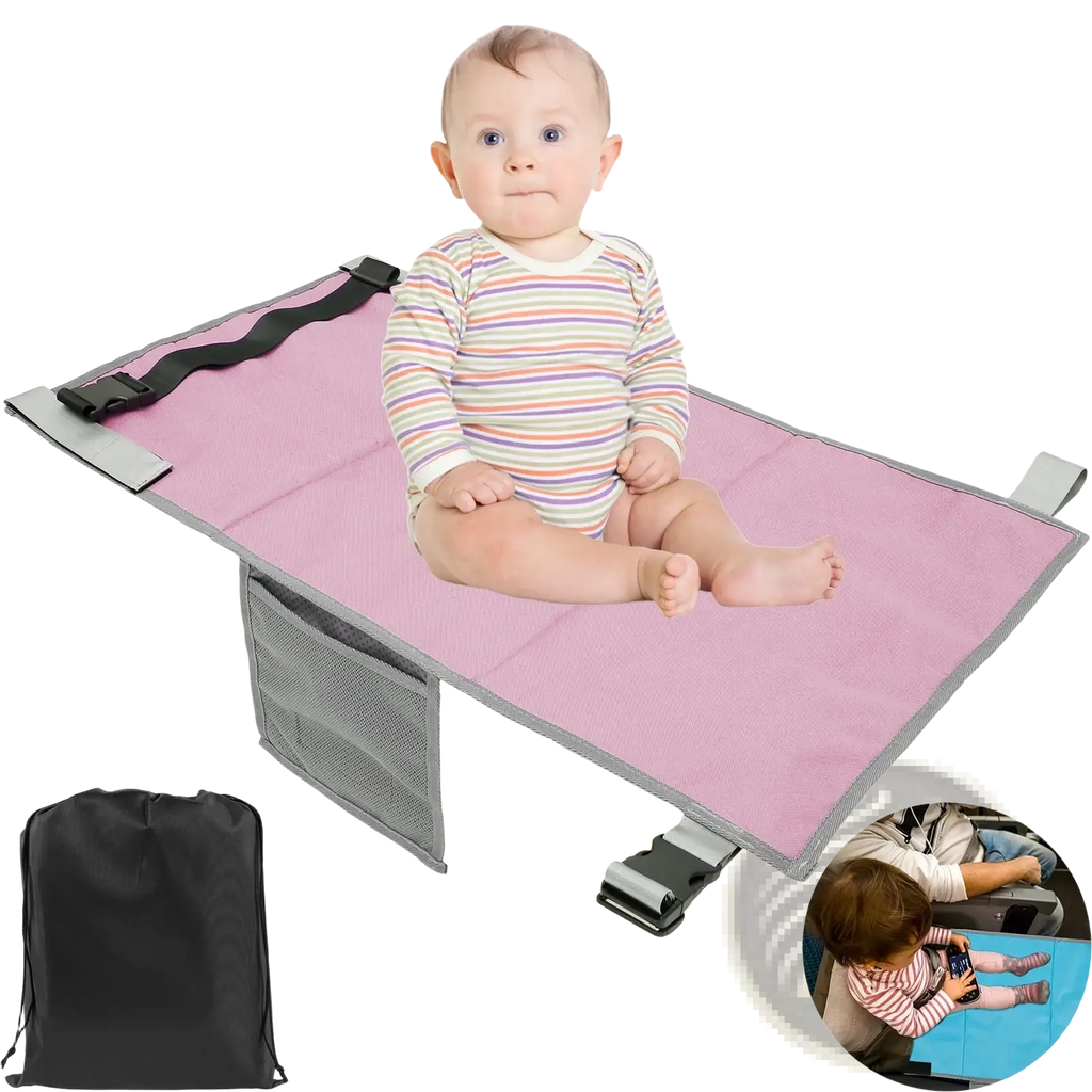 Pink toddler airplane seat extender travel footrest with gray mesh side pocket and black adjustable straps safety pad