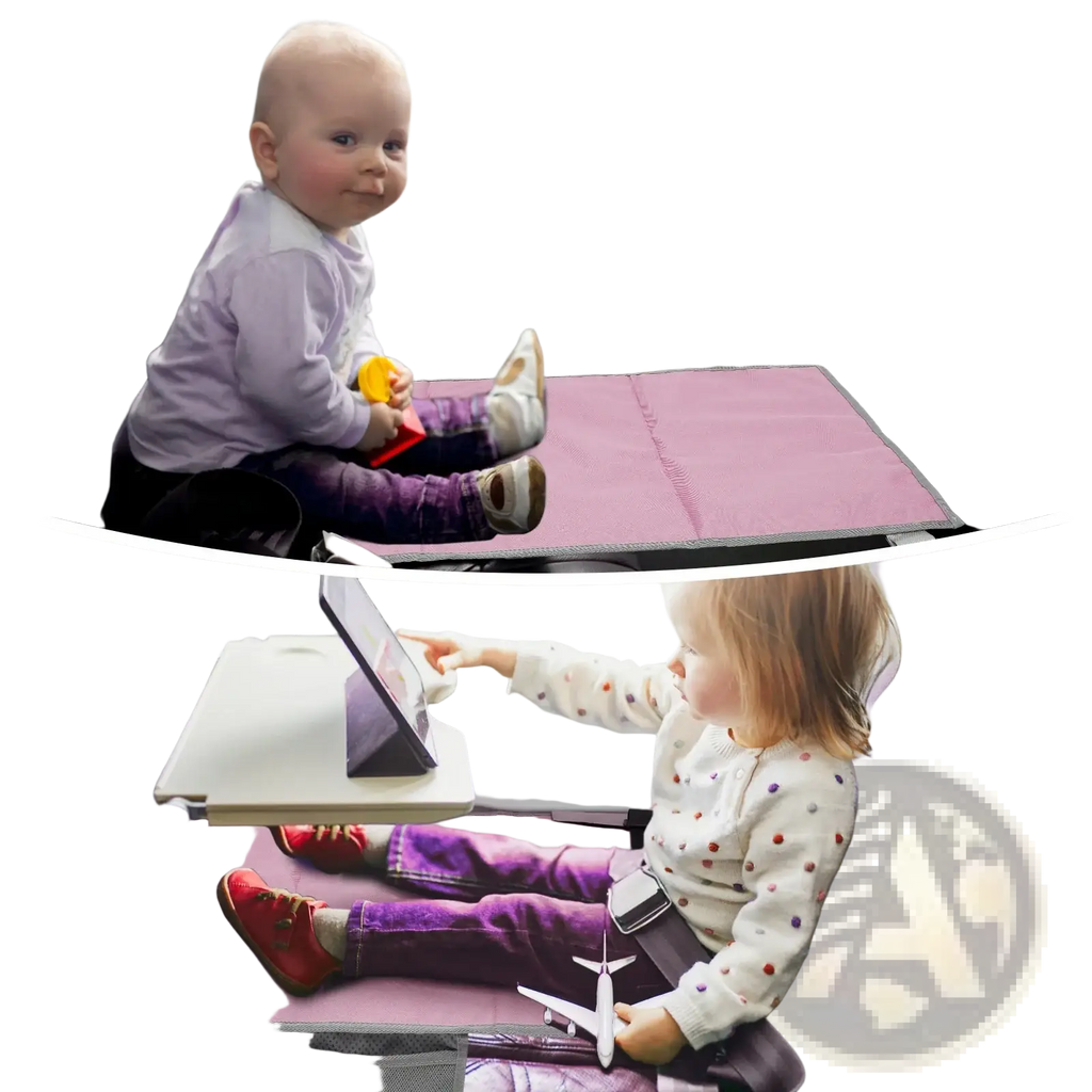 Pink toddler airplane seat extender travel footrest with foldable tray table non-slip surface and easy-clean fabric