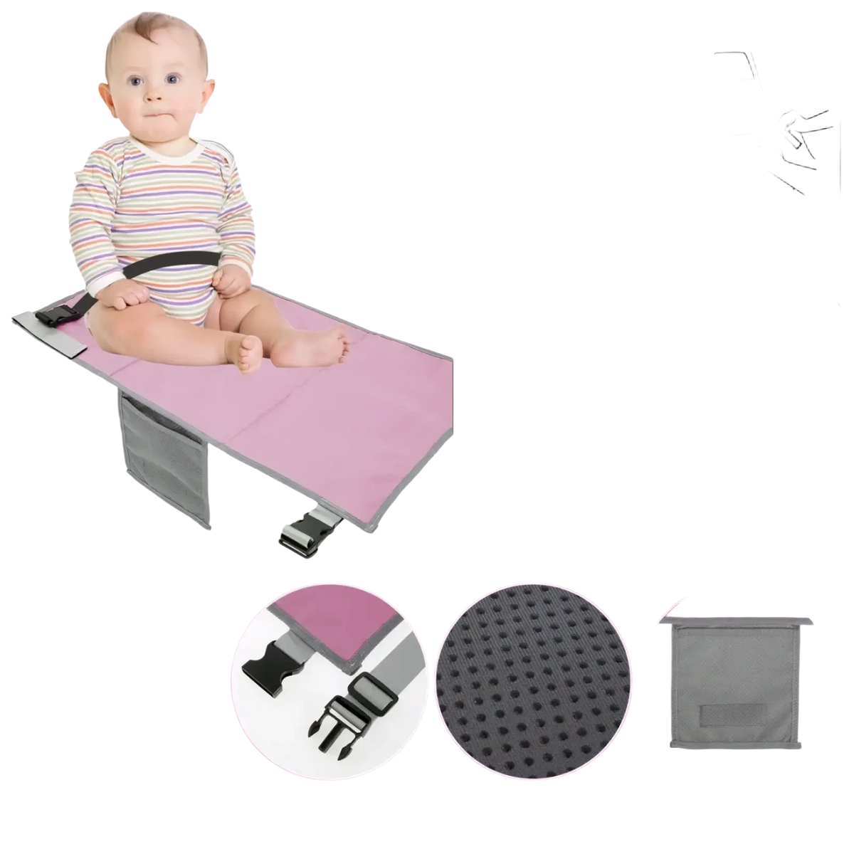 Toddler airplane seat extender travel footrest in pink and gray with adjustable straps non-slip grip and bottle holder